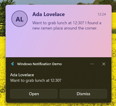 Hero image from a widget Windows toast notification