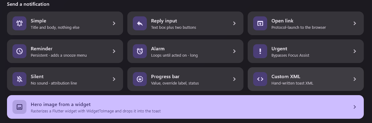 The example app menu listing every notification type