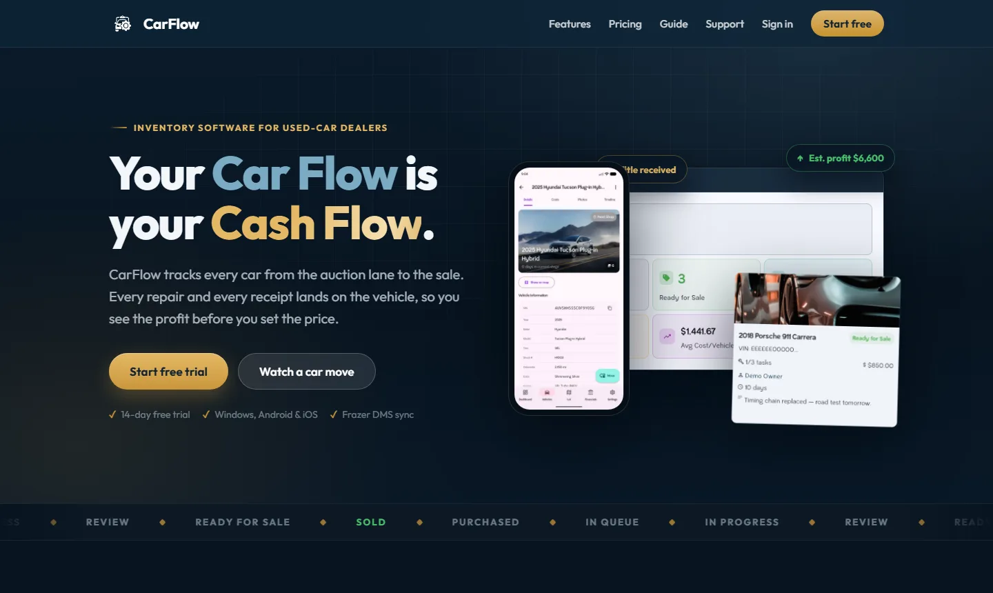CarFlow homepage: a dark hero with a phone and desktop mockup of the vehicle pipeline board