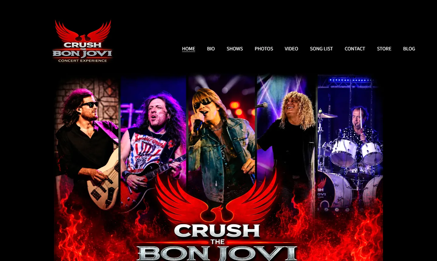 Crush: The Bon Jovi Concert Experience homepage, showing the five band members on a black and flame background